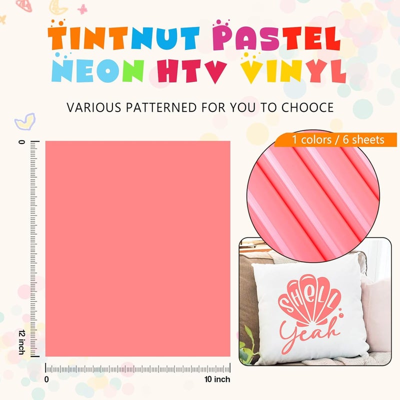 Tintnut Neon Heat Transfer Vinyl -6 Sheets 12" x 10" Pastel Neon Pink HTV Iron on Vinyl for Fabrics Pastel HTV Vinyl Compatible with Cricut and Silhoutte Cameo - Image 4